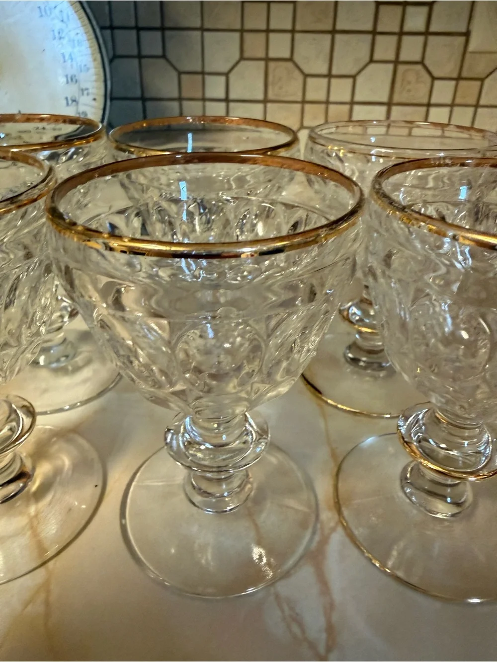 Set of Clear Glass Goblets with Gold Rim (8)